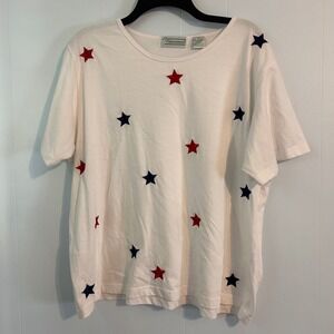 Shenanigans Womens 1X White Embroidered Star Patriotic T-Shirt Red Blue Stars
